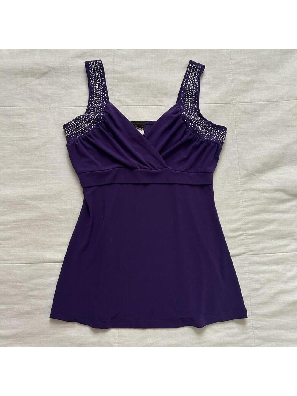 Y2K paper tag vintage Gidani purple hotfix babydoll top V-neck ruched details
